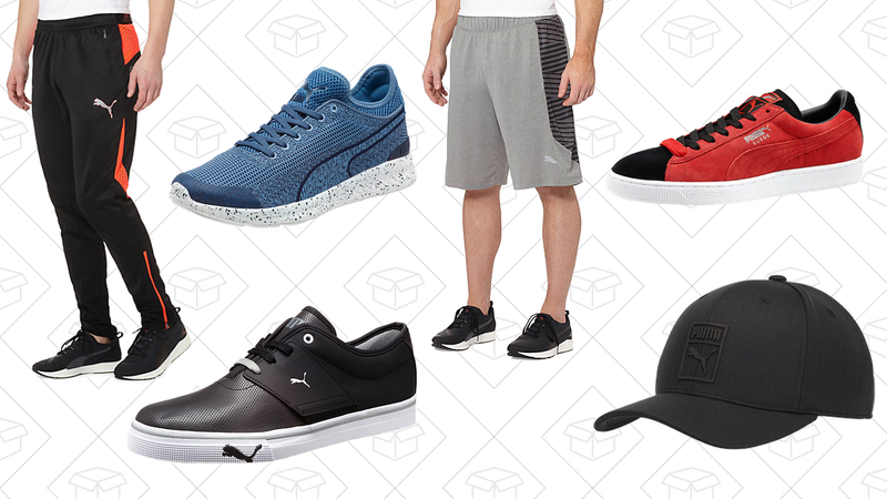 Flicker Men’s Training Pants, $23 | Ignite Sock Woven Men’s Sneakers, $50 | El Ace Core+ Men’s Sneakers, $28 | Knit Graphic Shorts, $14 | Suede Classic + Men’s Sneakers, $39 | Monochrome 110 Curve Fitted Hat, $12
